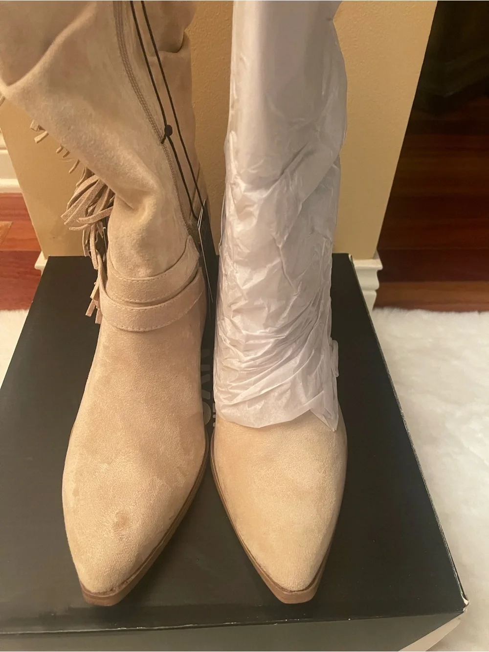Women's Madden NYC Tan Suede Fringe Pointed-Toe Boots